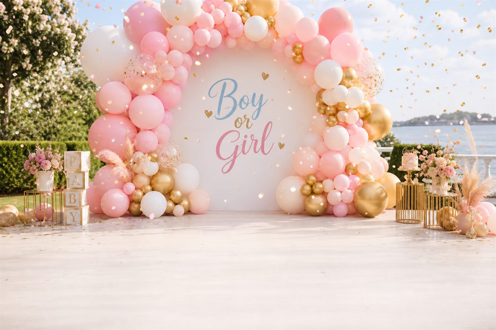 Gender reveal ballonboog met 'Boy or Girl' backdrop