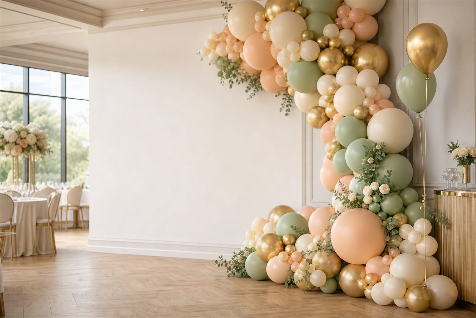 Organische ballonslinger in pastel en goud bij een feestlocatie