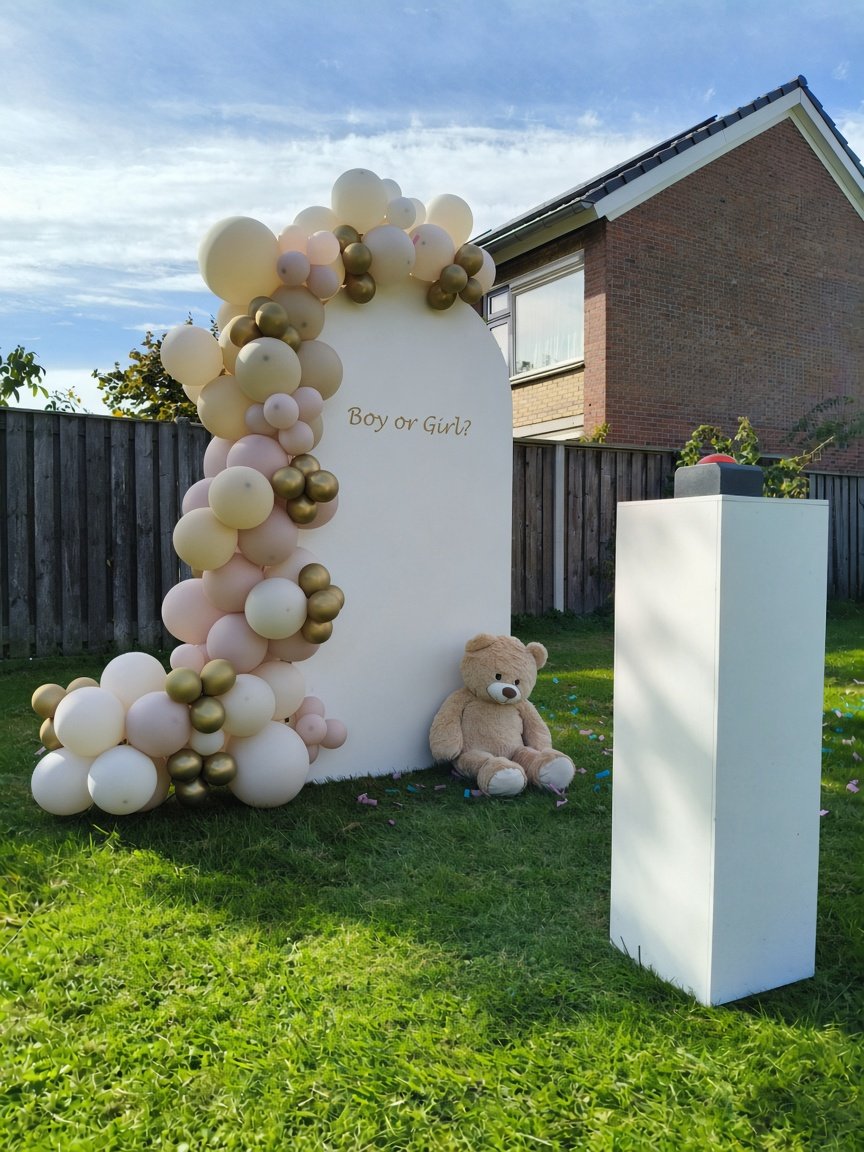 Gender reveal backdrop na de reveal, met confetti op het gras en een bruine teddybeer